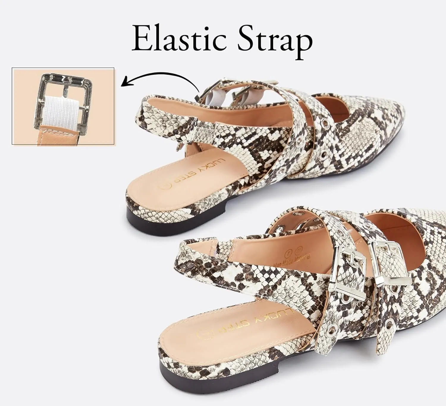 LUCKY STEP Women's Slingback Buckle Flats Ballet Poninted Toe Block Heel Dress Adjustable Strap Mary Jane Formal Wedding Shoes