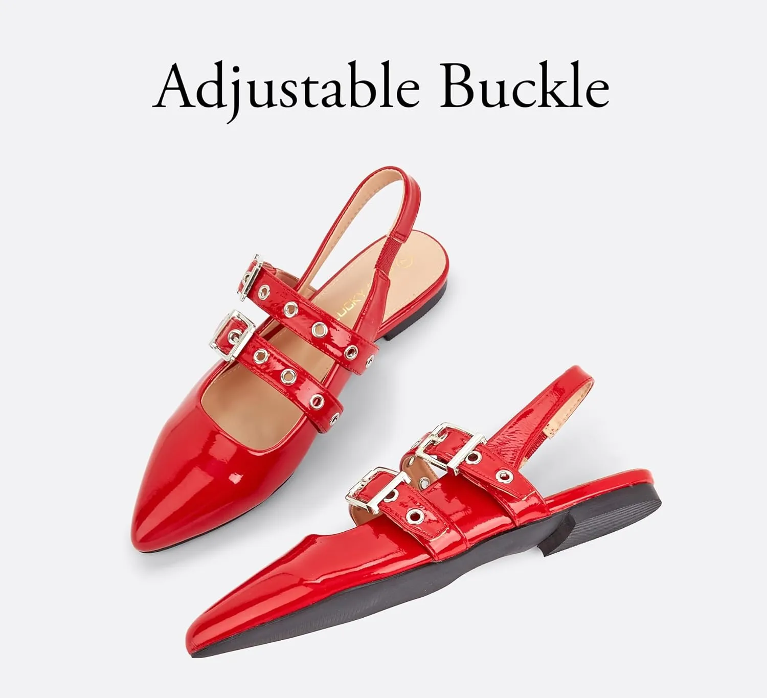 LUCKY STEP Women's Slingback Buckle Flats Ballet Poninted Toe Block Heel Dress Adjustable Strap Mary Jane Formal Wedding Shoes