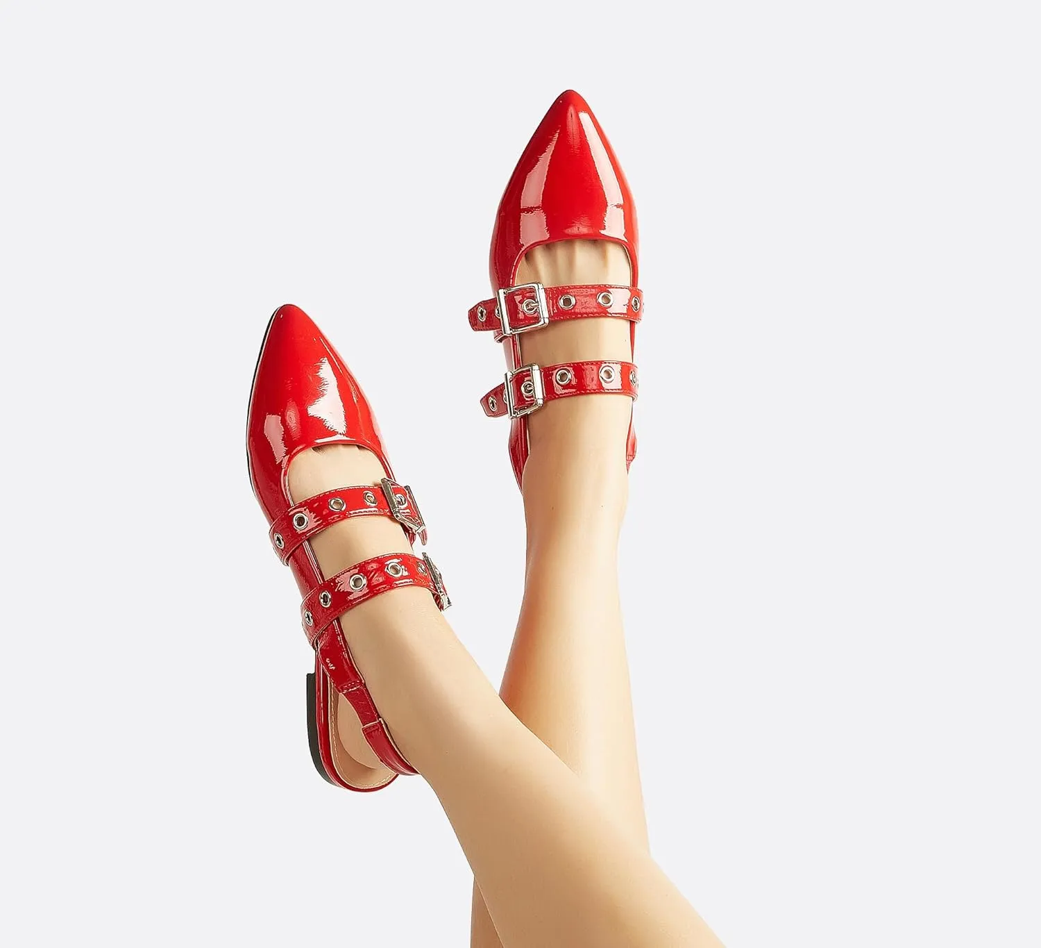 LUCKY STEP Women's Slingback Buckle Flats Ballet Poninted Toe Block Heel Dress Adjustable Strap Mary Jane Formal Wedding Shoes