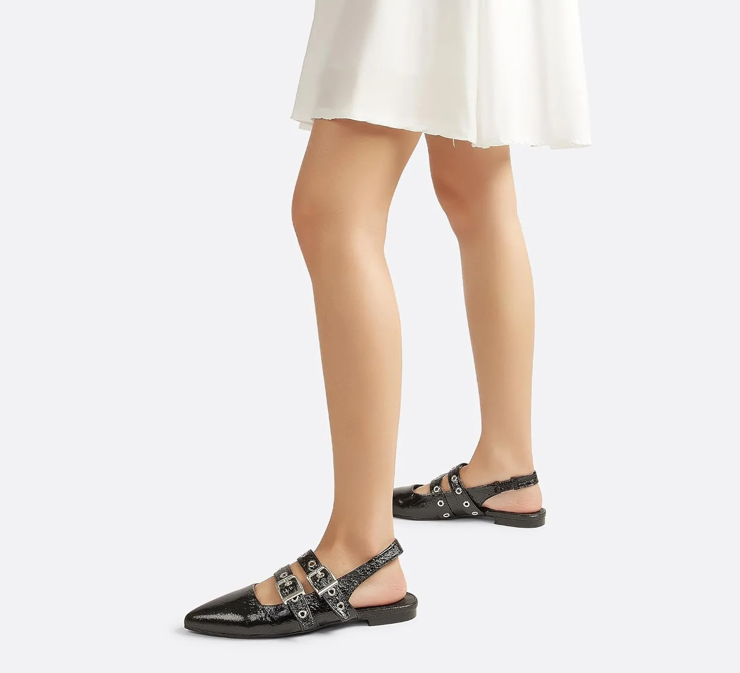 LUCKY STEP Women's Slingback Buckle Flats Ballet Poninted Toe Block Heel Dress Adjustable Strap Mary Jane Formal Wedding Shoes