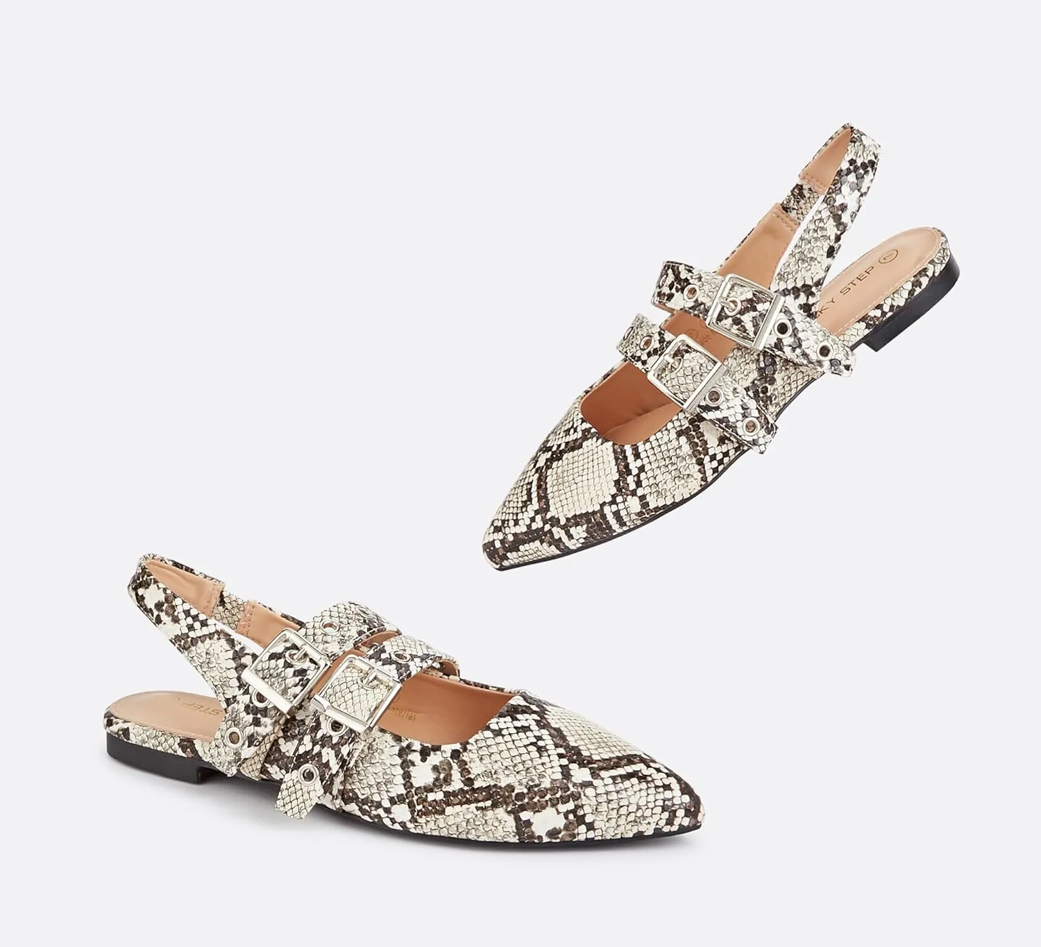 LUCKY STEP Women's Slingback Buckle Flats Ballet Poninted Toe Block Heel Dress Adjustable Strap Mary Jane Formal Wedding Shoes