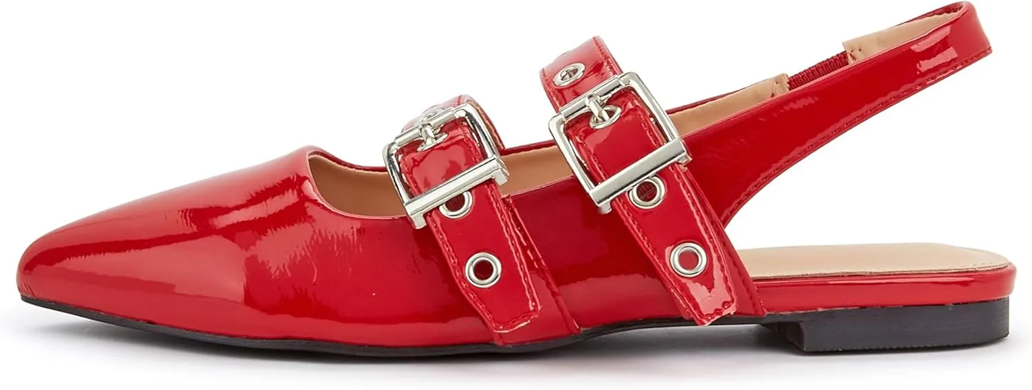 LUCKY STEP Women's Slingback Buckle Flats Ballet Poninted Toe Block Heel Dress Adjustable Strap Mary Jane Formal Wedding Shoes