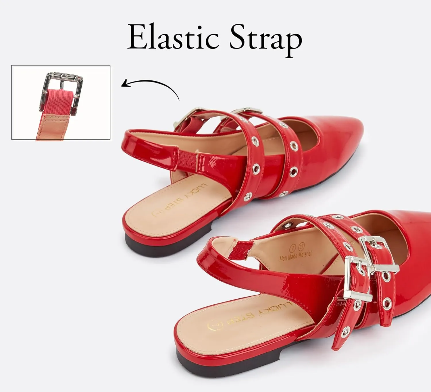 LUCKY STEP Women's Slingback Buckle Flats Ballet Poninted Toe Block Heel Dress Adjustable Strap Mary Jane Formal Wedding Shoes