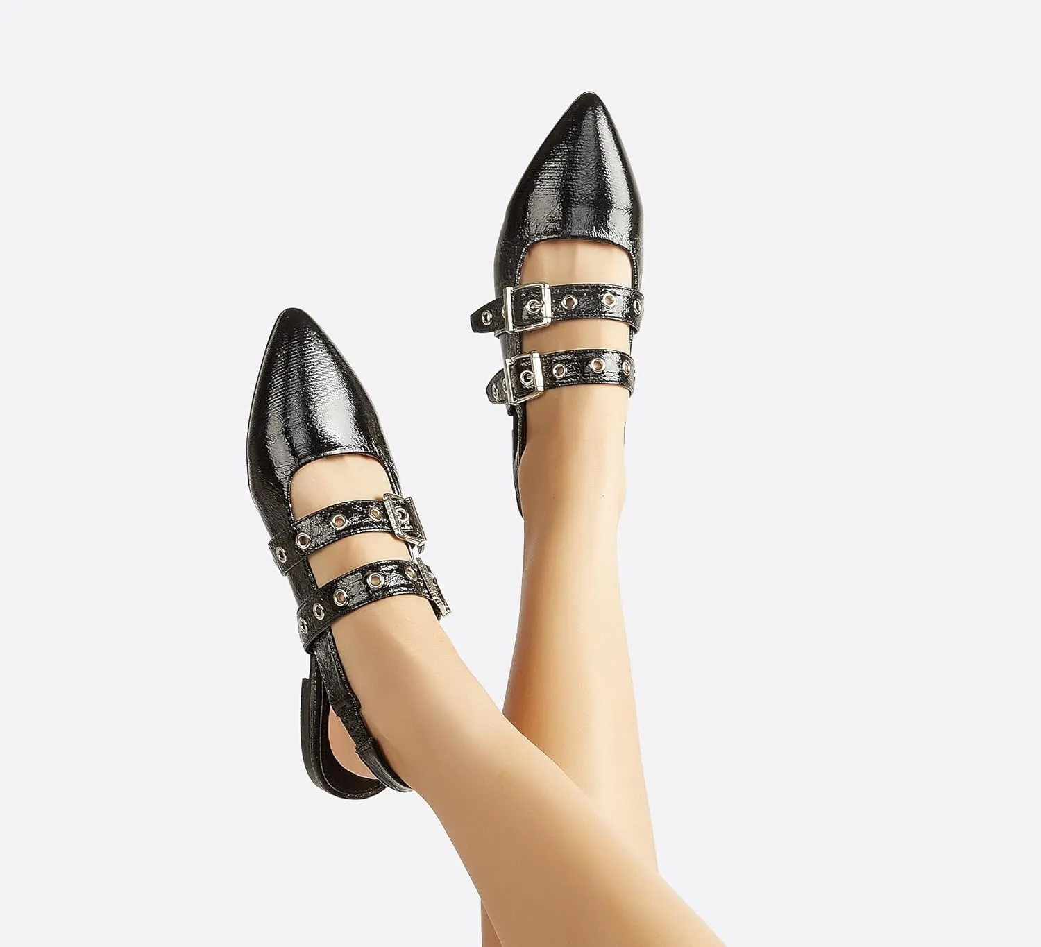 LUCKY STEP Women's Slingback Buckle Flats Ballet Poninted Toe Block Heel Dress Adjustable Strap Mary Jane Formal Wedding Shoes