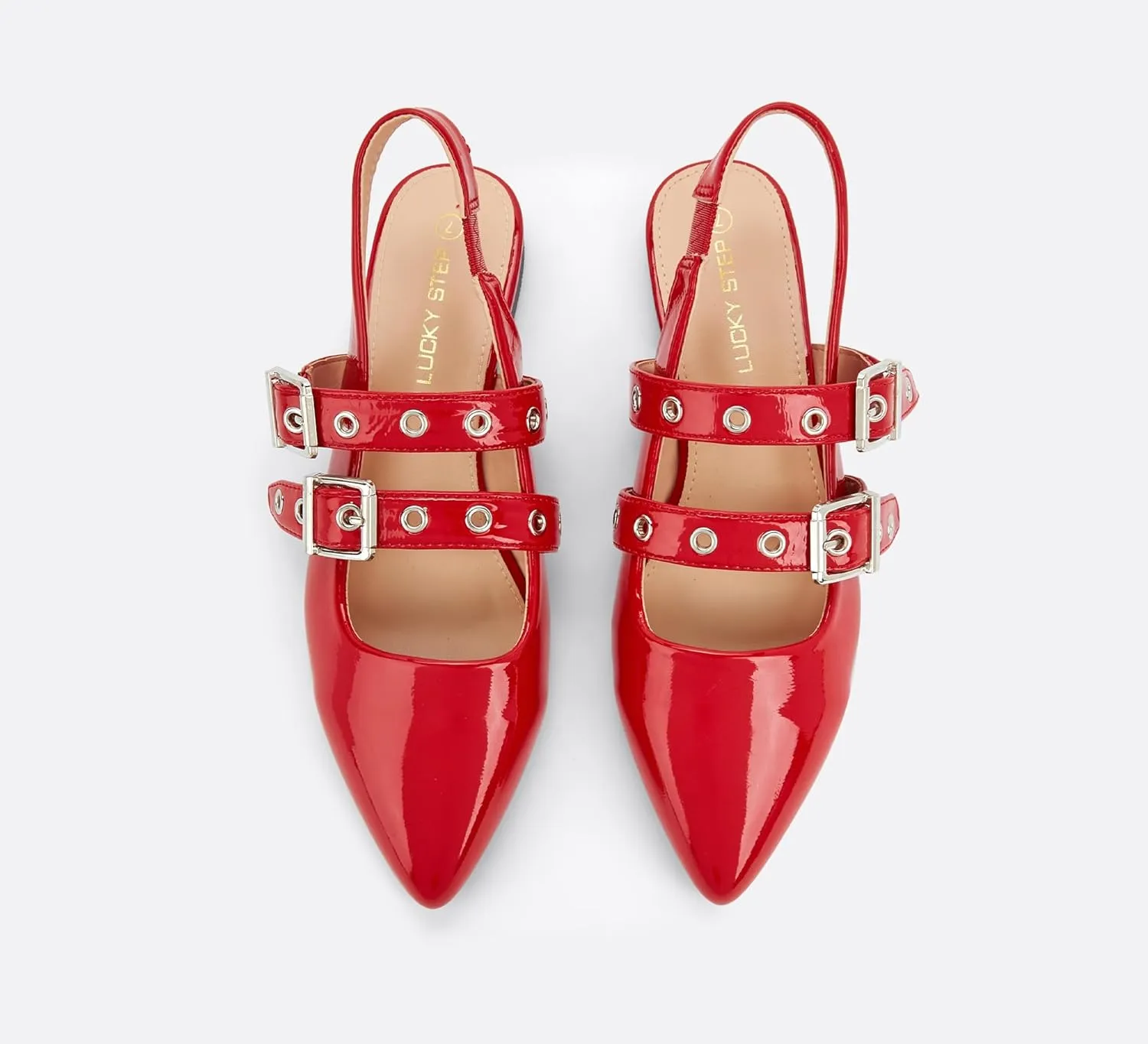 LUCKY STEP Women's Slingback Buckle Flats Ballet Poninted Toe Block Heel Dress Adjustable Strap Mary Jane Formal Wedding Shoes