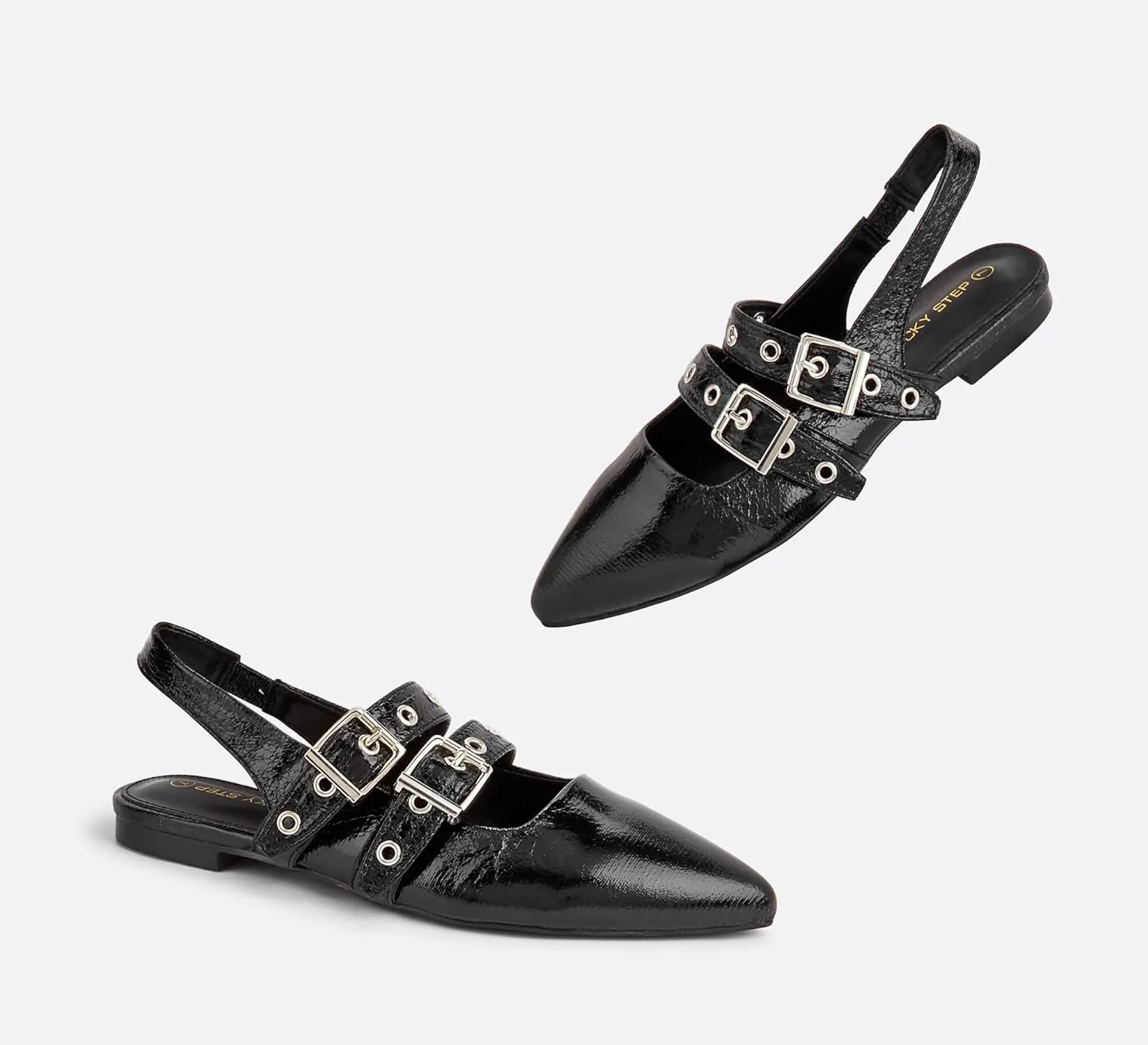 LUCKY STEP Women's Slingback Buckle Flats Ballet Poninted Toe Block Heel Dress Adjustable Strap Mary Jane Formal Wedding Shoes