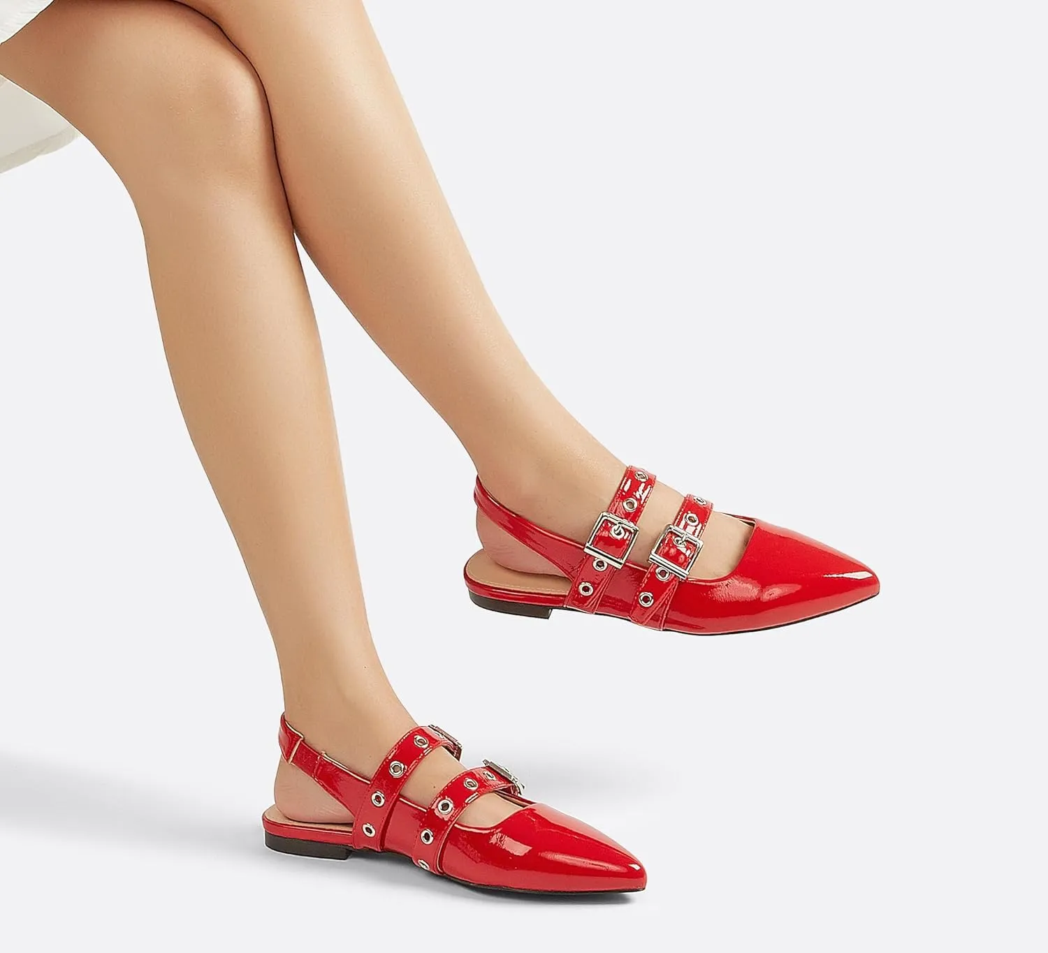 LUCKY STEP Women's Slingback Buckle Flats Ballet Poninted Toe Block Heel Dress Adjustable Strap Mary Jane Formal Wedding Shoes