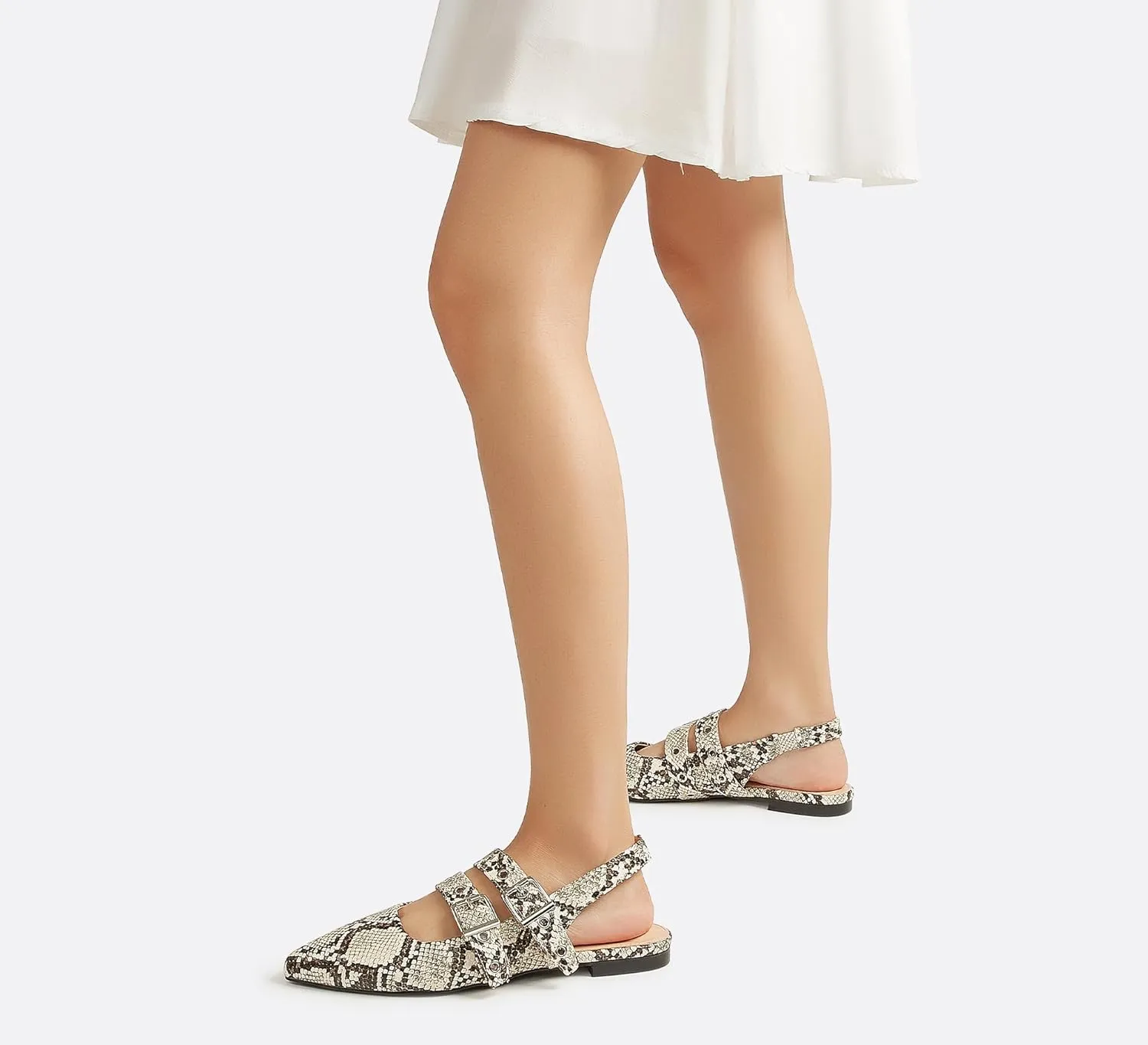 LUCKY STEP Women's Slingback Buckle Flats Ballet Poninted Toe Block Heel Dress Adjustable Strap Mary Jane Formal Wedding Shoes