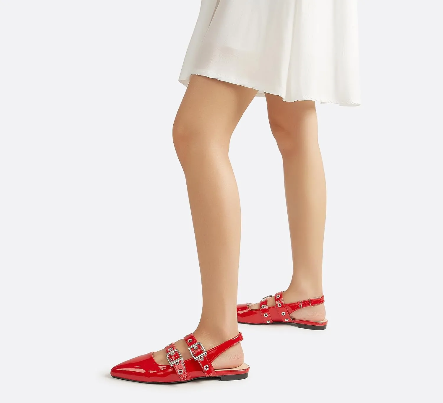 LUCKY STEP Women's Slingback Buckle Flats Ballet Poninted Toe Block Heel Dress Adjustable Strap Mary Jane Formal Wedding Shoes