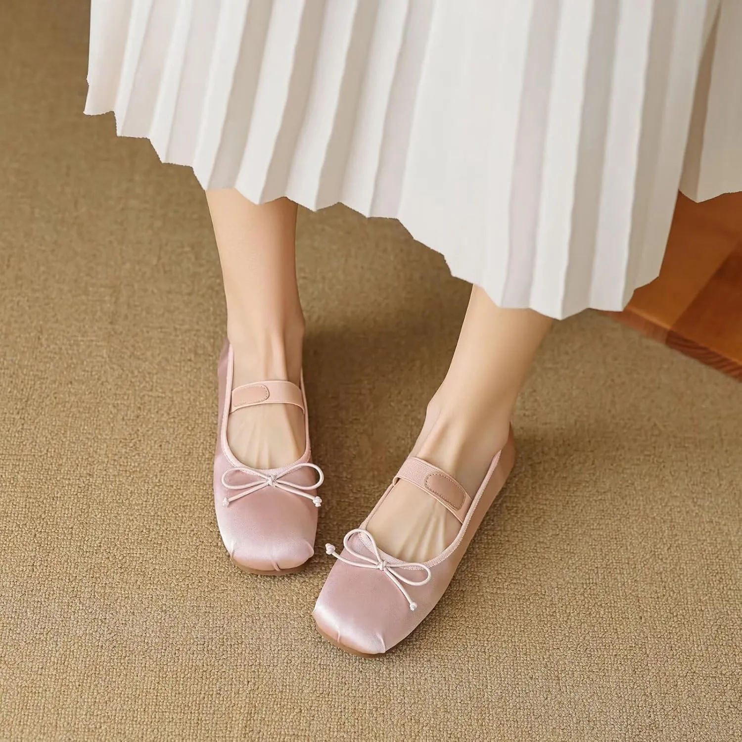 LUXINYU Flats for Women Dressy Square Toe Ankle Strap Mary Jane Shoes Casual Slip On Flats Comfortable Ballet Flats