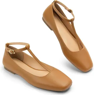Mary Jane Flats Women Adjustable T Strap Square Toe Ballet Flats Ankle Strap Dress Comfortable Flats for Work,Date Nights Party,Office,Wedding