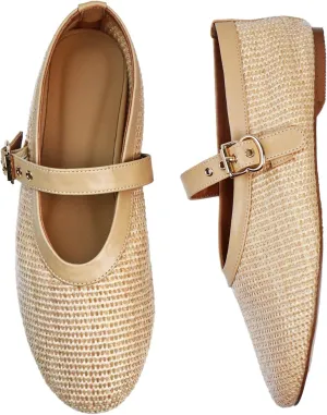 Mary Jean Shoes Women Woven Ballet Flats with Buckle Strap Round Closed Toe Wide Width Mesh Ballerina Shoes