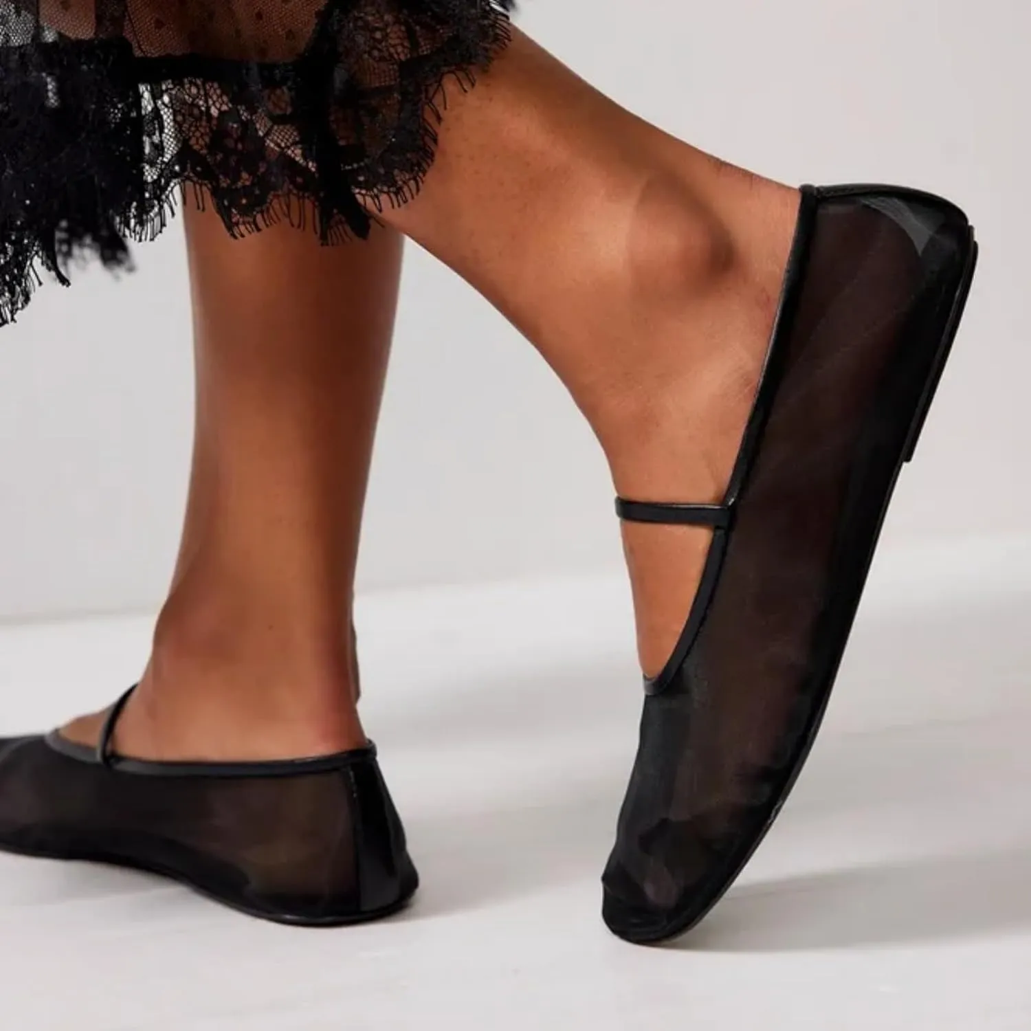 MAVMAX Nude Mesh Ballet Flats for Women Tulle Floral Embroidered Mary Jane Ballerina Round Toe Comfortable Daily Dress Ballet Flats Shoes with Strap