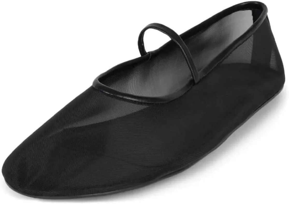 MAVMAX Nude Mesh Ballet Flats for Women Tulle Floral Embroidered Mary Jane Ballerina Round Toe Comfortable Daily Dress Ballet Flats Shoes with Strap