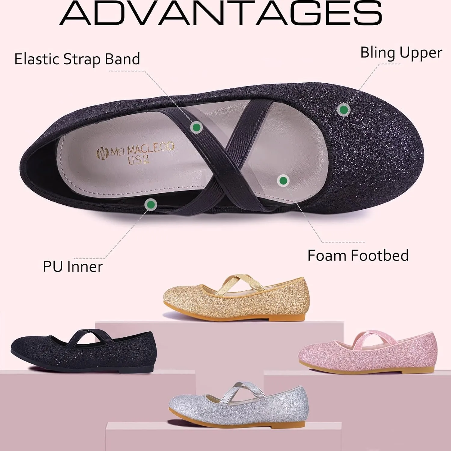 Mei MACLEOD Girl's Mary Jane Shoes Ballerina Shoes, Princess Dress Shoes for Party Wedding