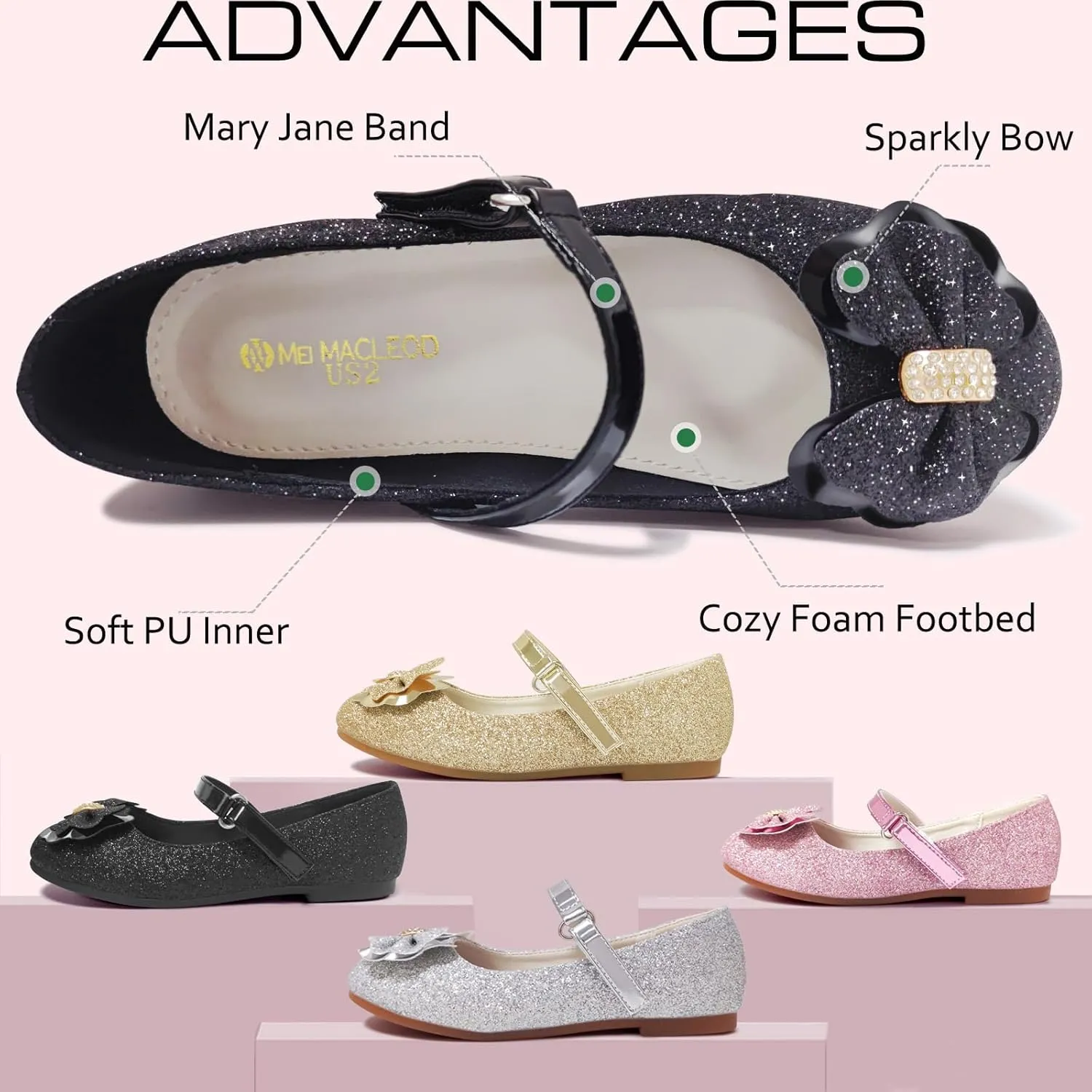 Mei MACLEOD Girl's Mary Jane Shoes Ballerina Shoes, Princess Dress Shoes for Party Wedding