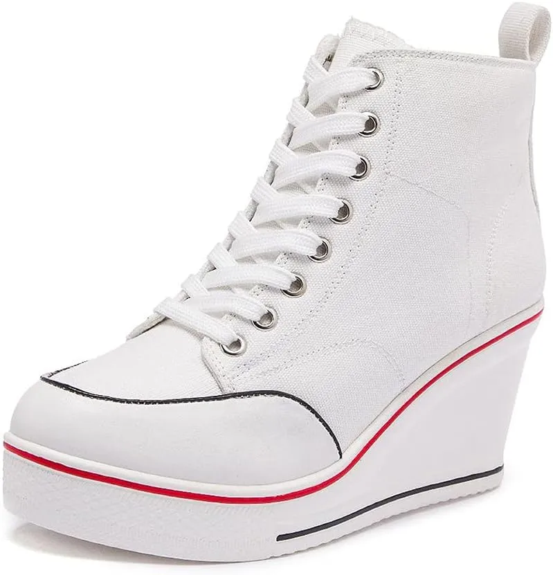 Mei MACLEOD High Heel Sneakers for Women Wedge Heel Sneaker with Side Zipper Casual Lace Up Canvas Shoes for College Students