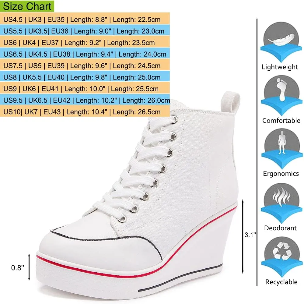 Mei MACLEOD High Heel Sneakers for Women Wedge Heel Sneaker with Side Zipper Casual Lace Up Canvas Shoes for College Students