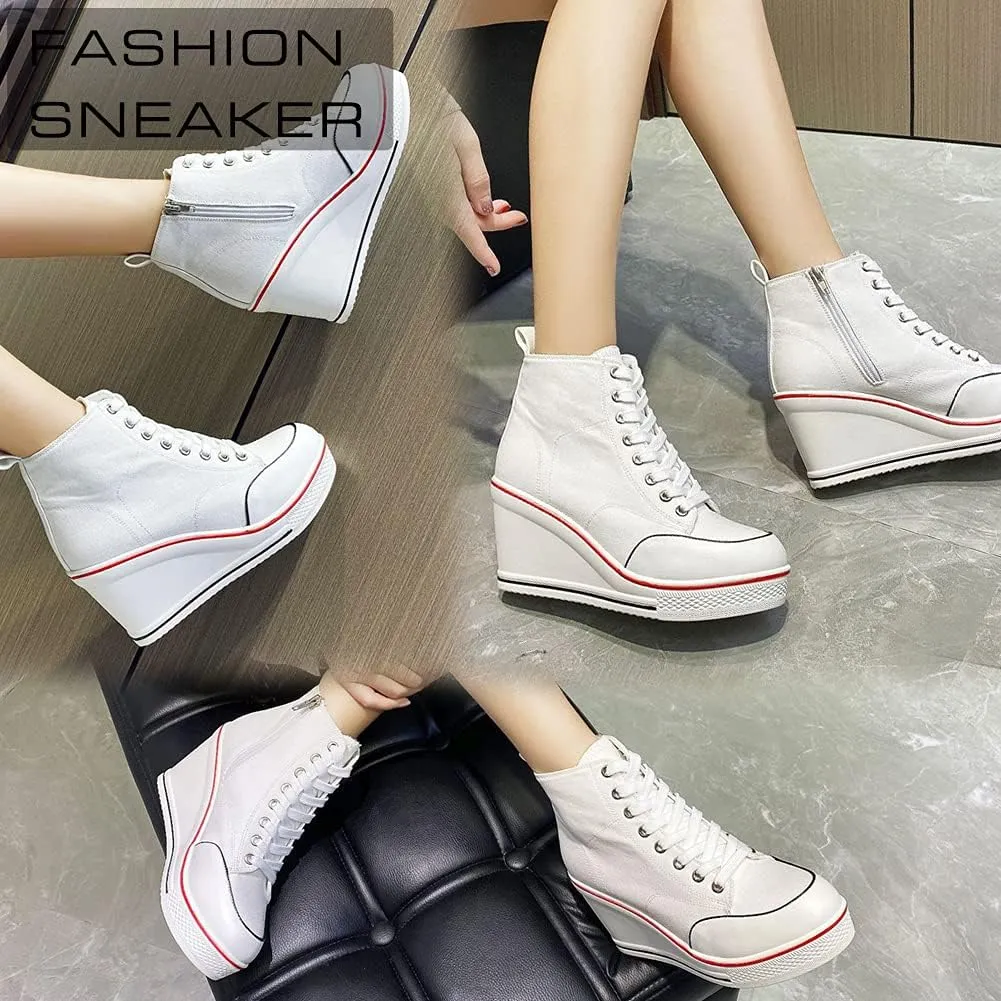 Mei MACLEOD High Heel Sneakers for Women Wedge Heel Sneaker with Side Zipper Casual Lace Up Canvas Shoes for College Students