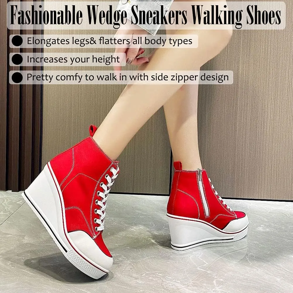 Mei MACLEOD High Heel Sneakers for Women Wedge Heel Sneaker with Side Zipper Casual Lace Up Canvas Shoes for College Students