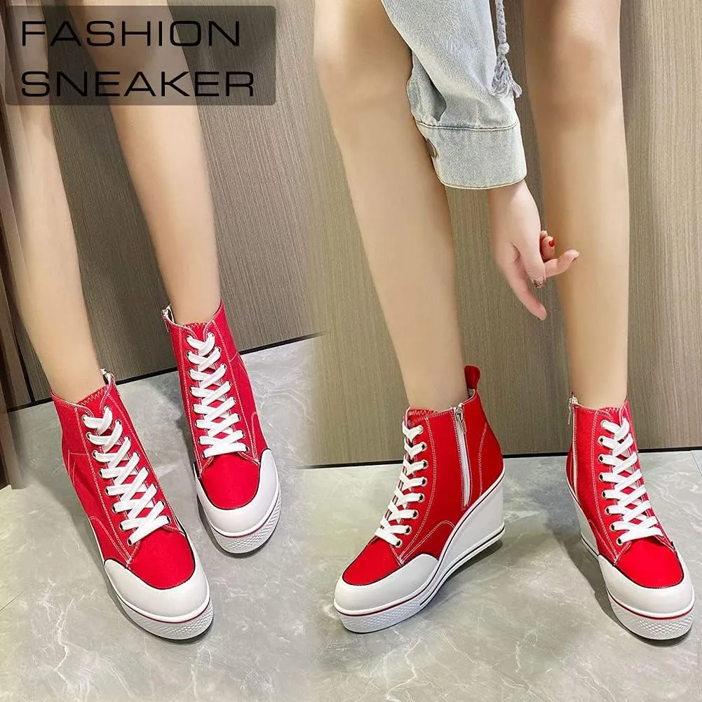 Mei MACLEOD High Heel Sneakers for Women Wedge Heel Sneaker with Side Zipper Casual Lace Up Canvas Shoes for College Students