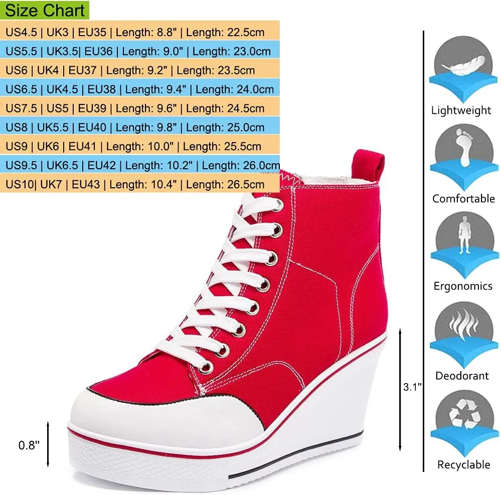 Mei MACLEOD High Heel Sneakers for Women Wedge Heel Sneaker with Side Zipper Casual Lace Up Canvas Shoes for College Students