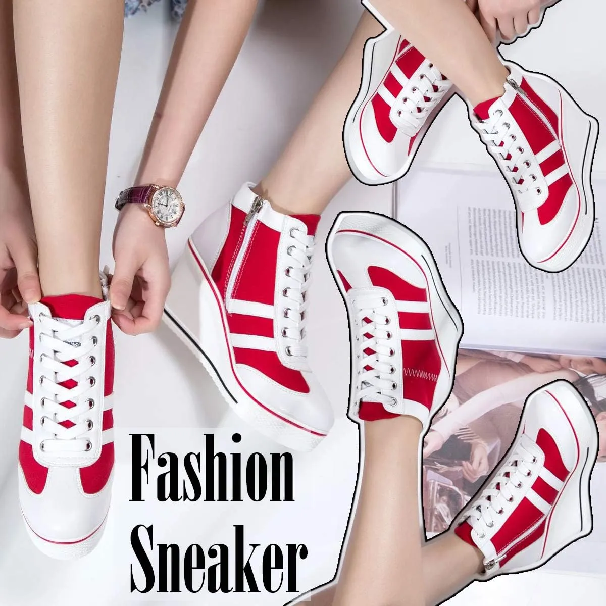 Mei MACLEOD Women Wedge Sneakers Platform Wedge High Heel Sneakers Ankle Booties Casual Canvas Shoes