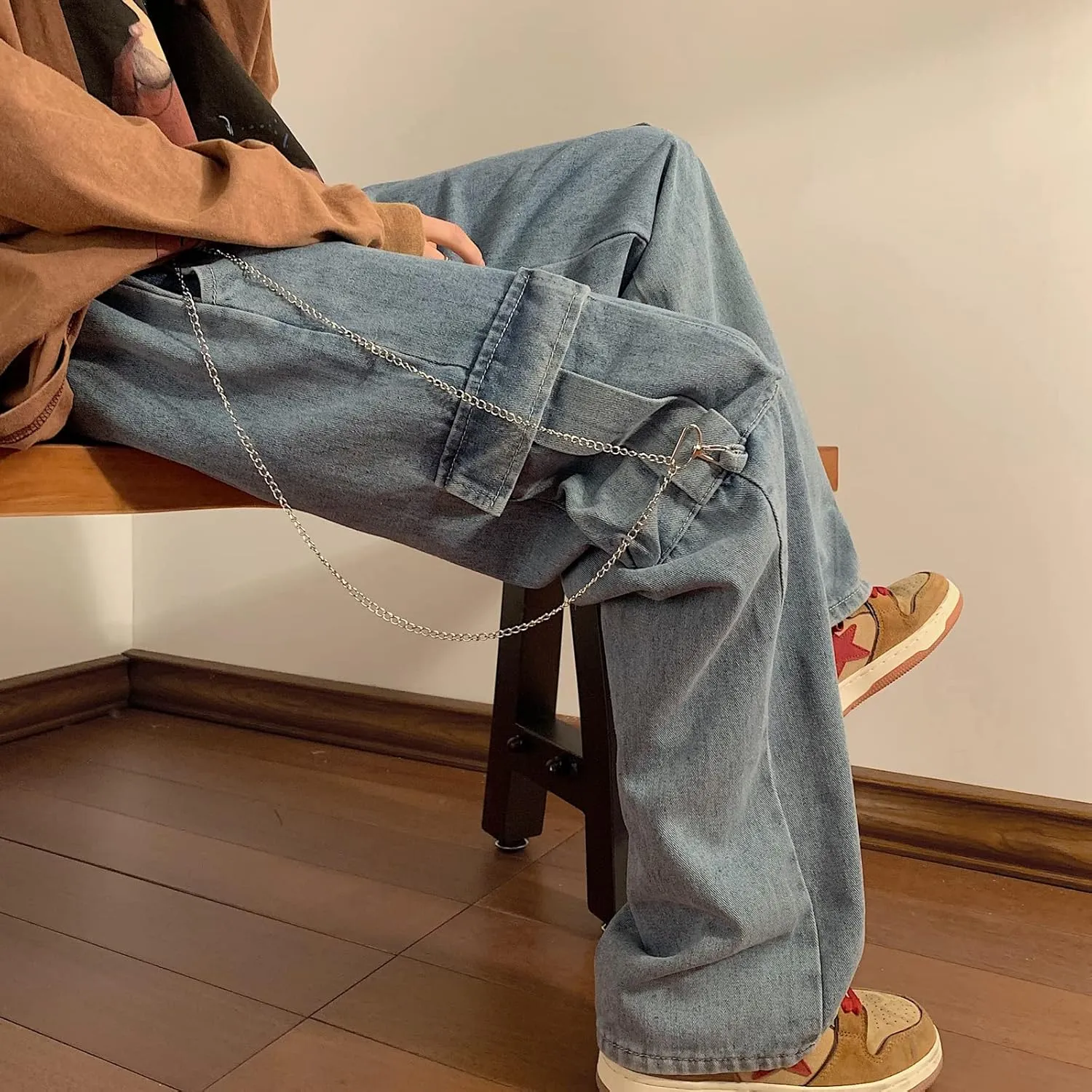 Men Straight Leg Jeans Relaxed Fit Work Pants Jeans with Cargo Pockets