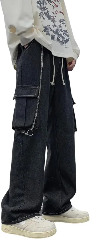 Men Straight Leg Jeans Relaxed Fit Work Pants Jeans with Cargo Pockets