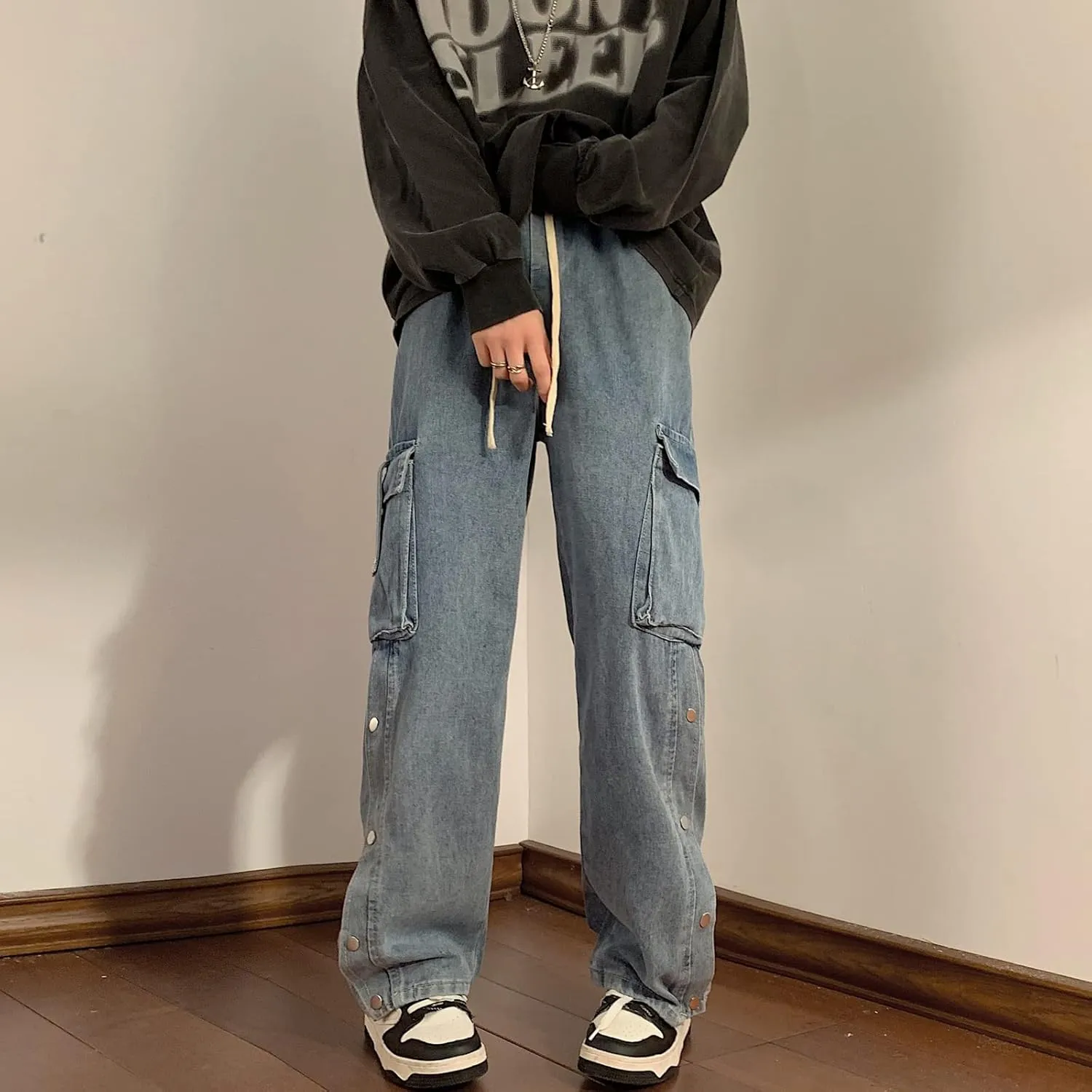 Men Straight Leg Jeans Relaxed Fit Work Pants Jeans with Cargo Pockets