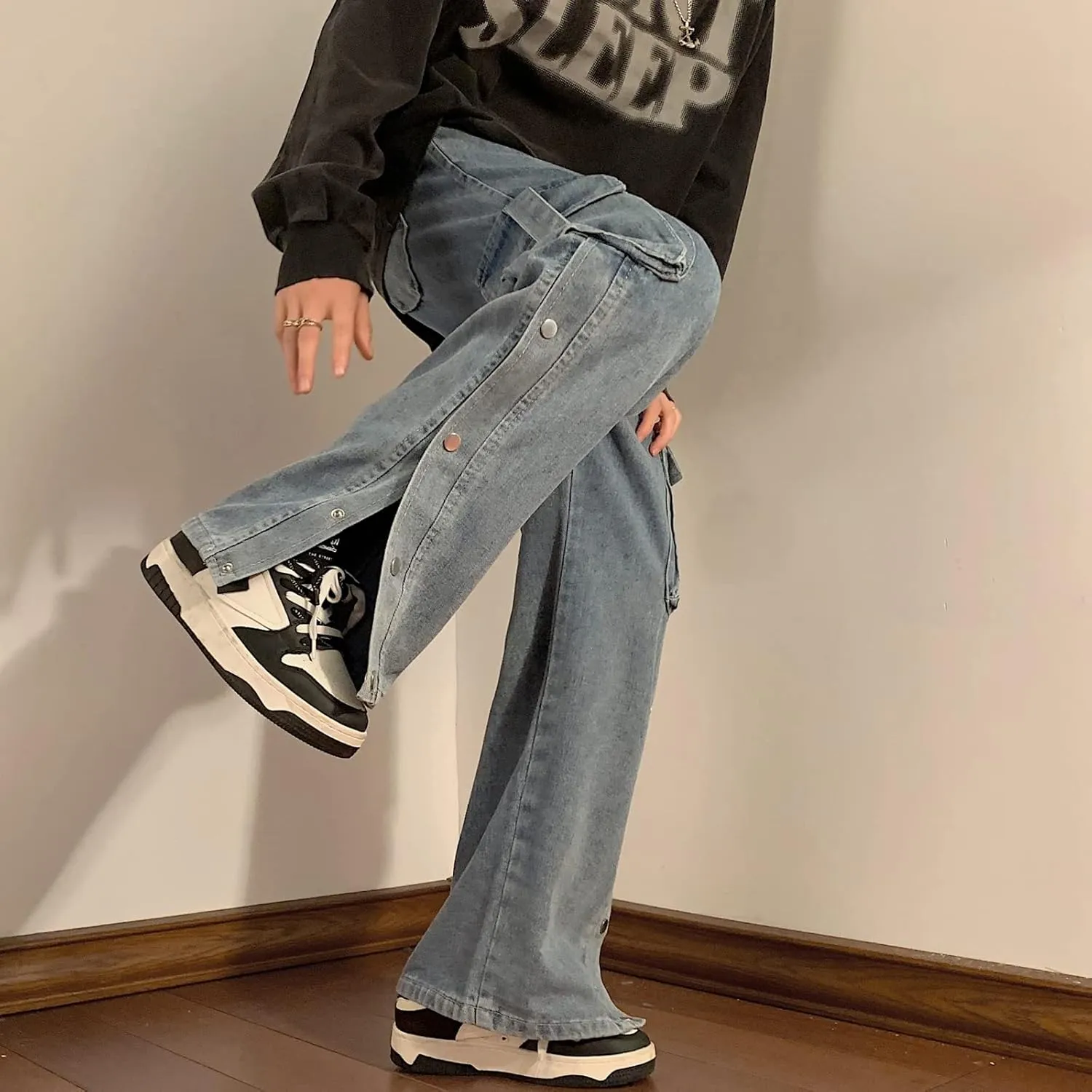 Men Straight Leg Jeans Relaxed Fit Work Pants Jeans with Cargo Pockets