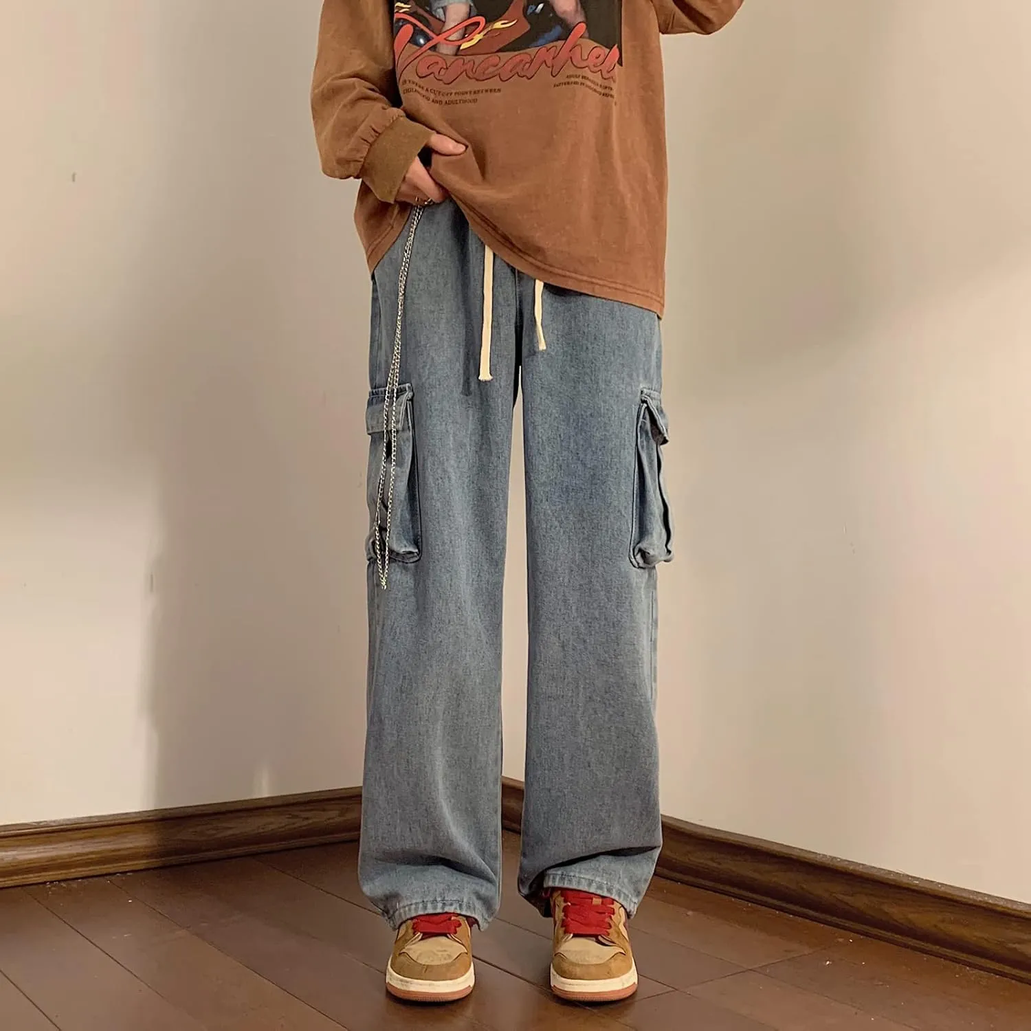 Men Straight Leg Jeans Relaxed Fit Work Pants Jeans with Cargo Pockets