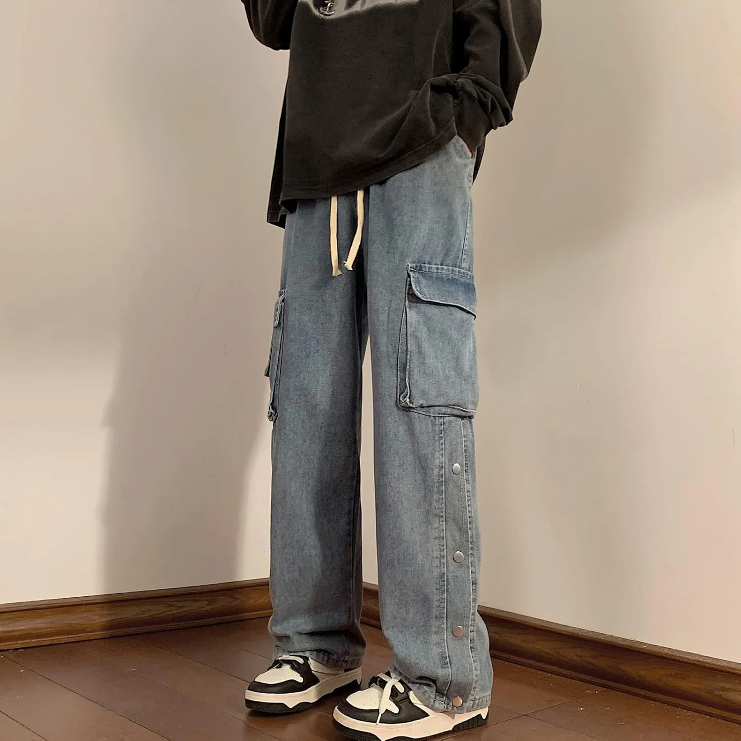 Men Straight Leg Jeans Relaxed Fit Work Pants Jeans with Cargo Pockets
