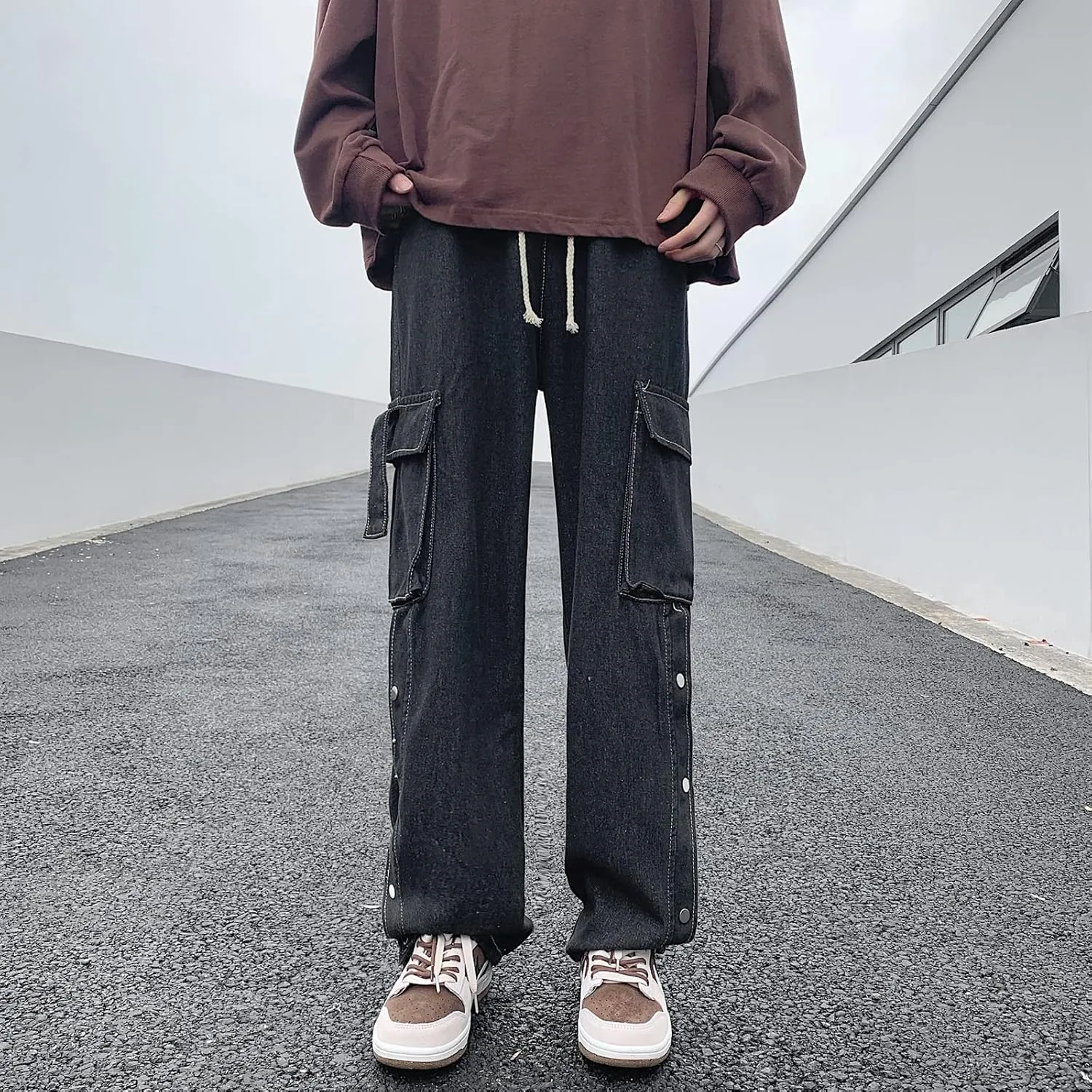 Men Straight Leg Jeans Relaxed Fit Work Pants Jeans with Cargo Pockets