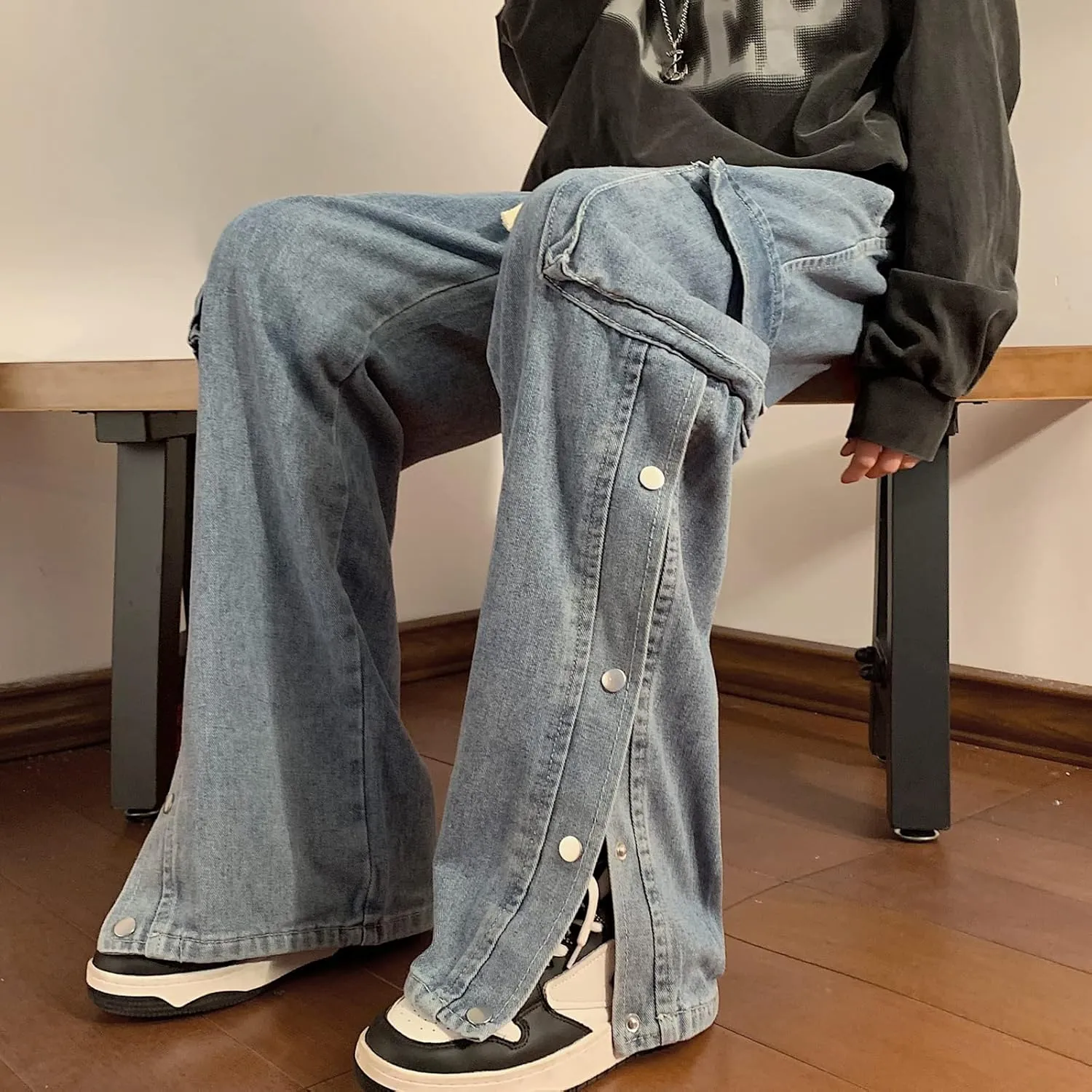 Men Straight Leg Jeans Relaxed Fit Work Pants Jeans with Cargo Pockets