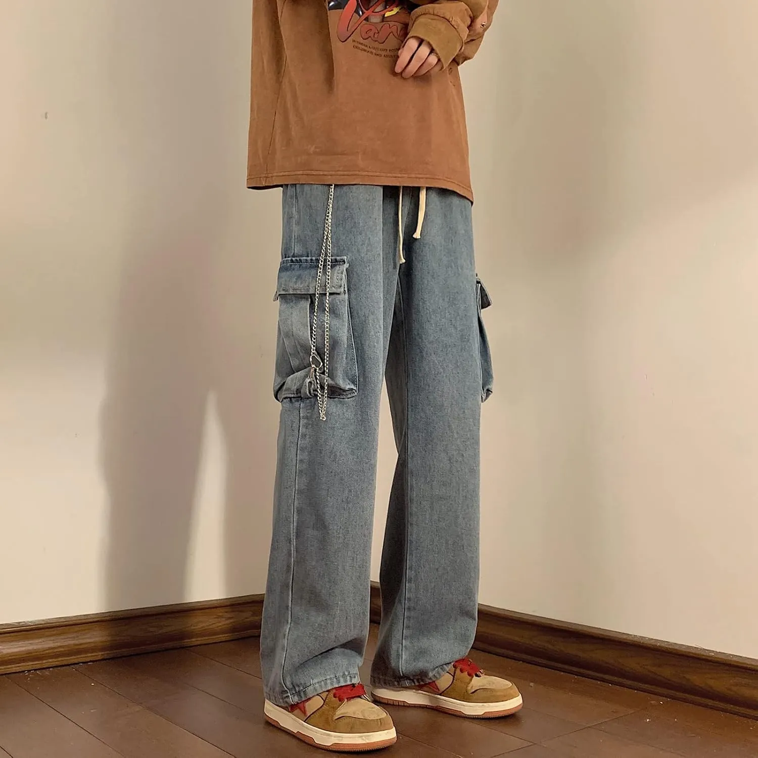Men Straight Leg Jeans Relaxed Fit Work Pants Jeans with Cargo Pockets