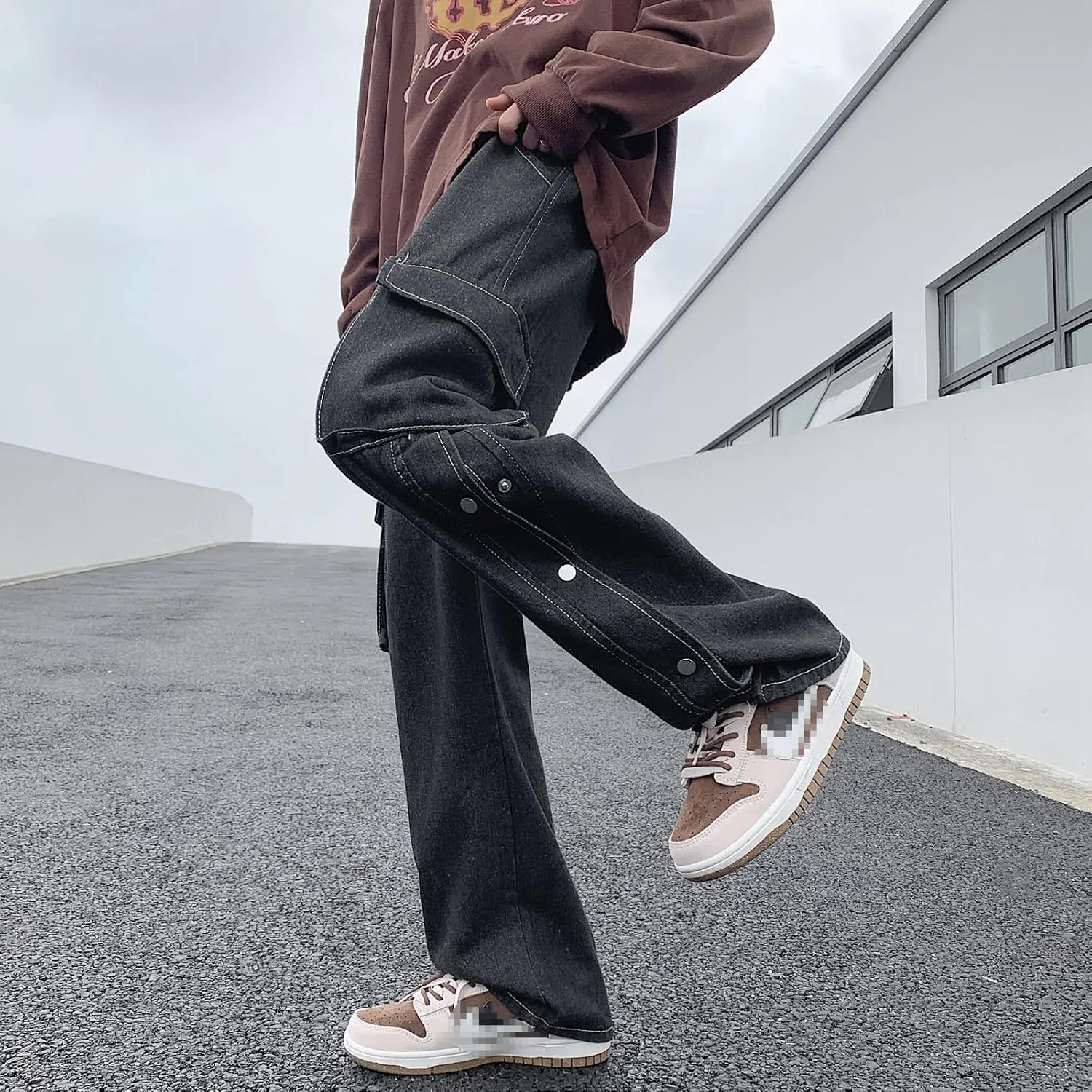 Men Straight Leg Jeans Relaxed Fit Work Pants Jeans with Cargo Pockets