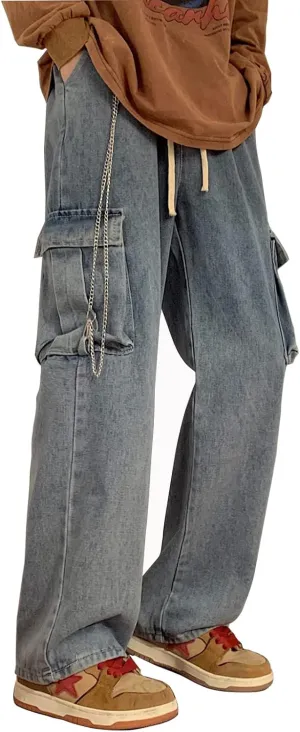 Men Straight Leg Jeans Relaxed Fit Work Pants Jeans with Cargo Pockets