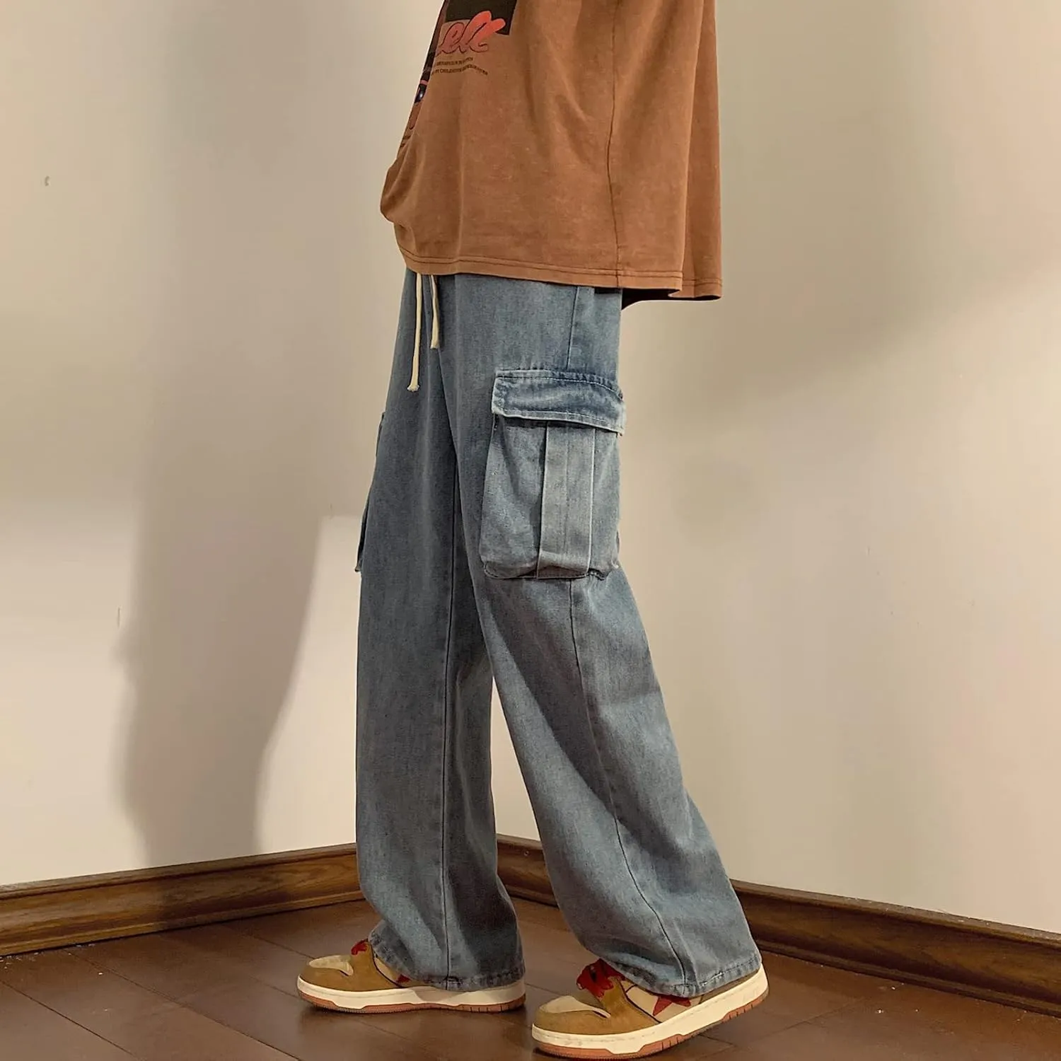 Men Straight Leg Jeans Relaxed Fit Work Pants Jeans with Cargo Pockets