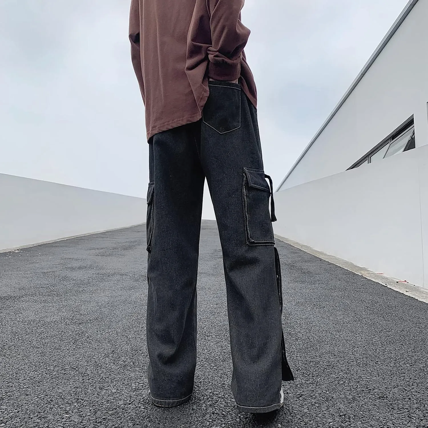 Men Straight Leg Jeans Relaxed Fit Work Pants Jeans with Cargo Pockets