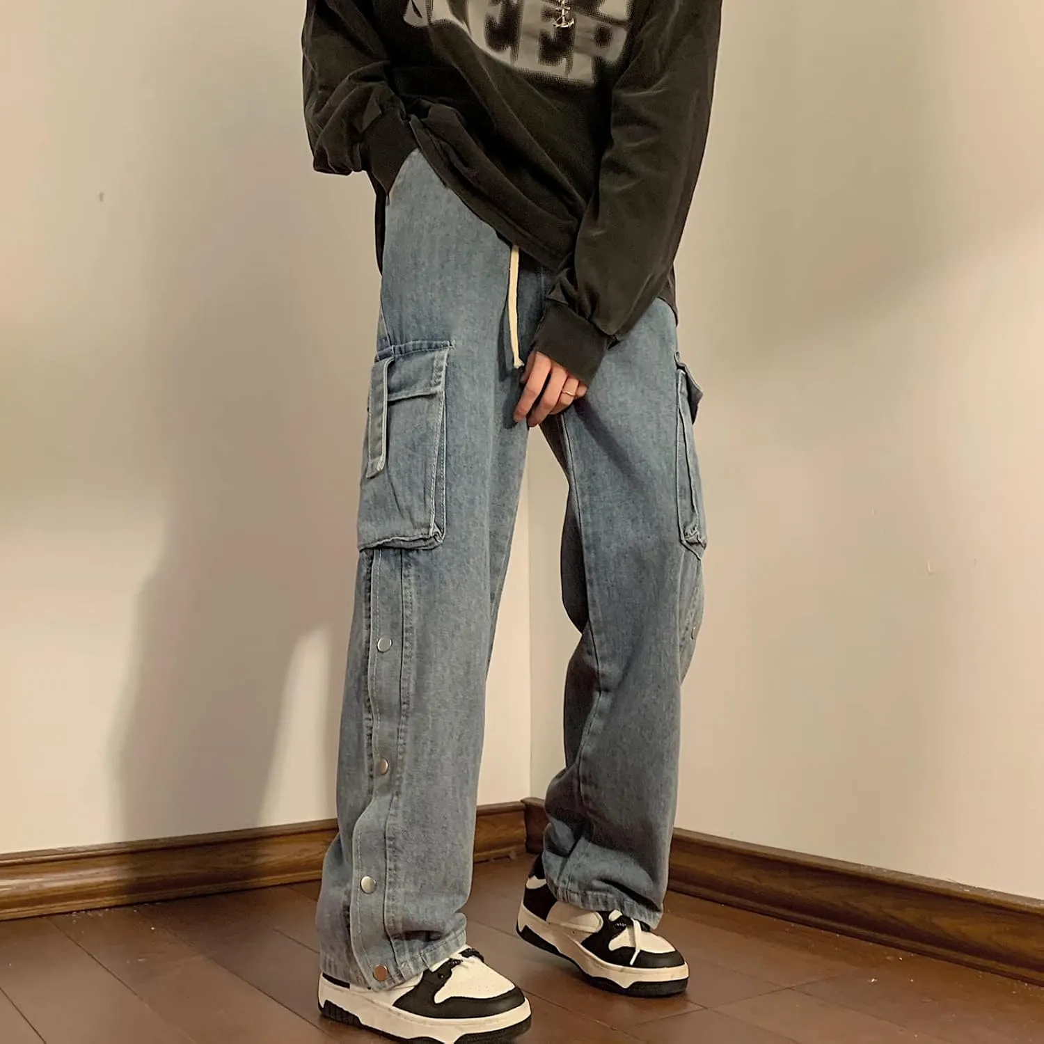 Men Straight Leg Jeans Relaxed Fit Work Pants Jeans with Cargo Pockets