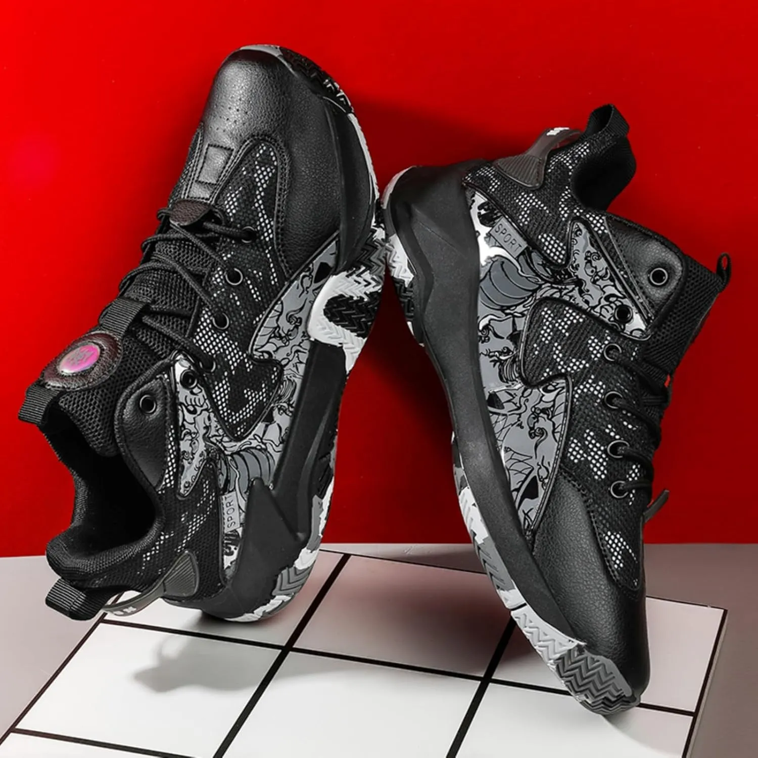 Mens Breathable Mesh Lace Up Basketball Shoes Fashion High-Top Non-Slip Sneakers Casual Gym Sports Tennis Jogging Shoes