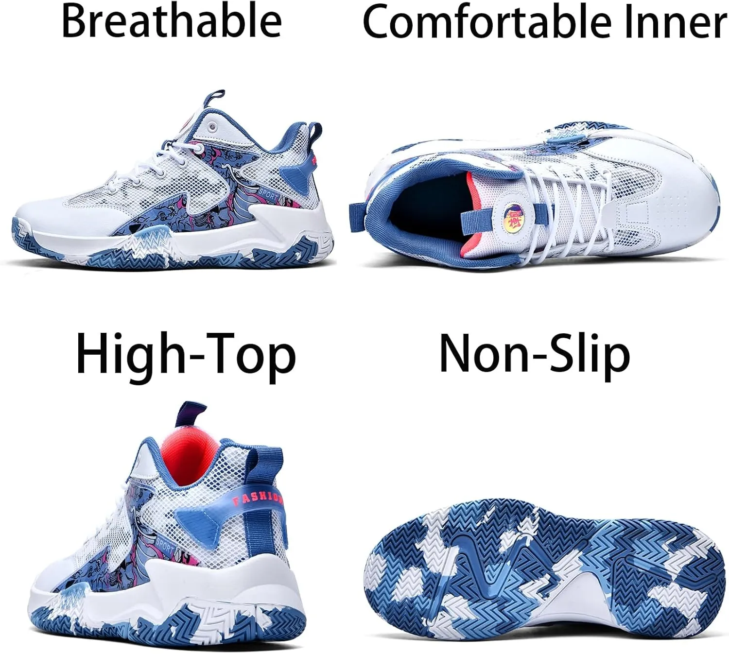Mens Breathable Mesh Lace Up Basketball Shoes Fashion High-Top Non-Slip Sneakers Casual Gym Sports Tennis Jogging Shoes