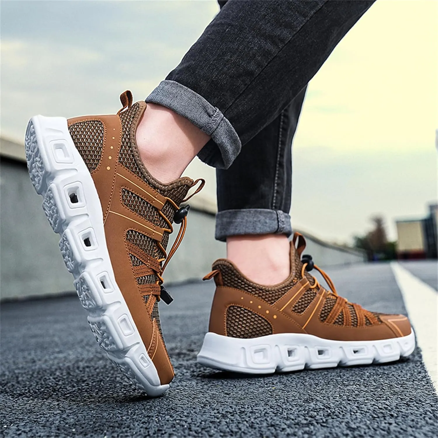 Mens Breathable Mesh Slip-On Fashion Sneakers with Elastic Band Lightweight Soft Sole Trail Running Shoes Walking Sports Shoes