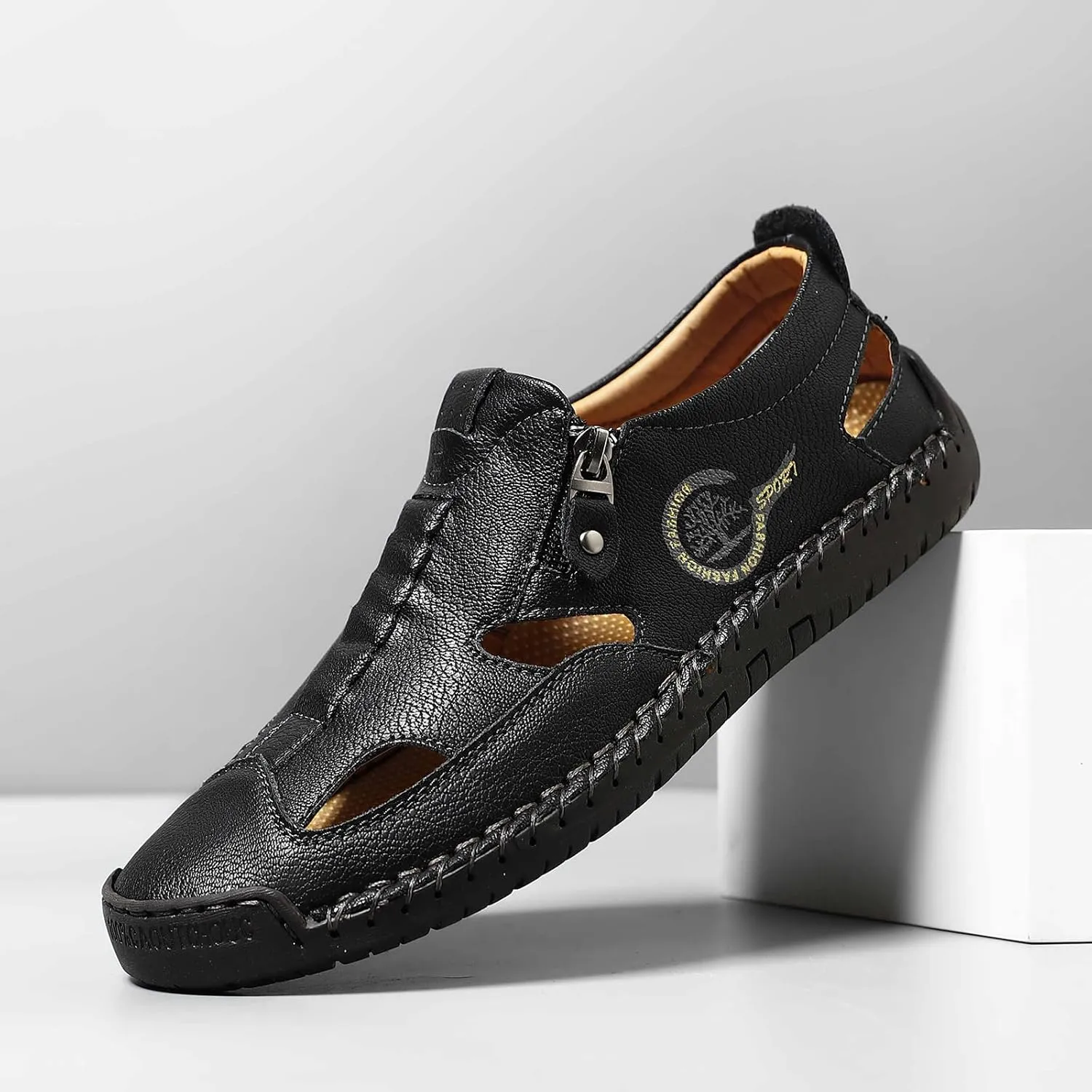 Mens Closed Toe Leather Sandals For Men Breathable Summer Shoes Outdoor Casual beach sandals for men Side Zipper Hand-Sewn Shoes