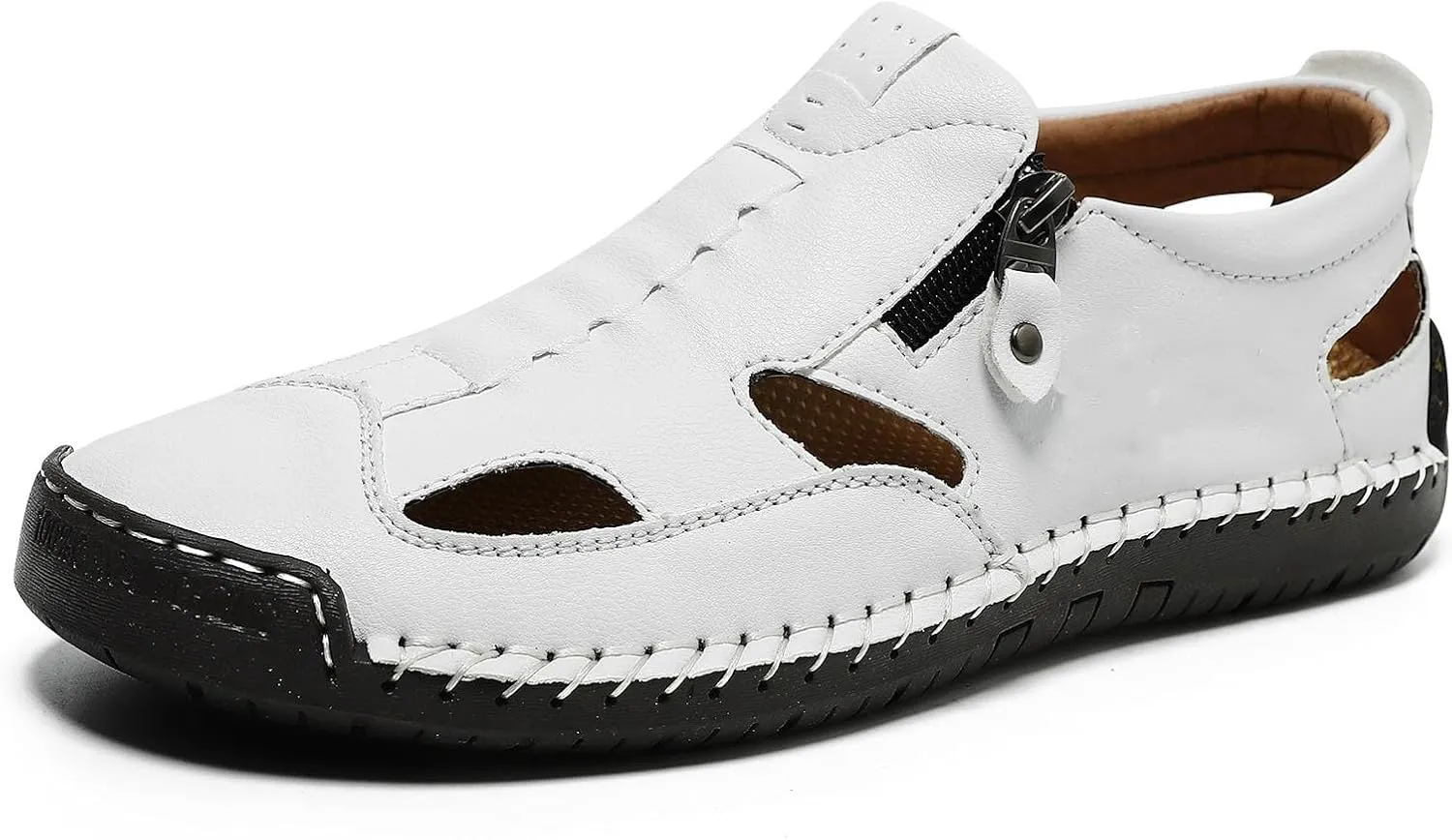Mens Closed Toe Leather Sandals For Men Breathable Summer Shoes Outdoor Casual beach sandals for men Side Zipper Hand-Sewn Shoes