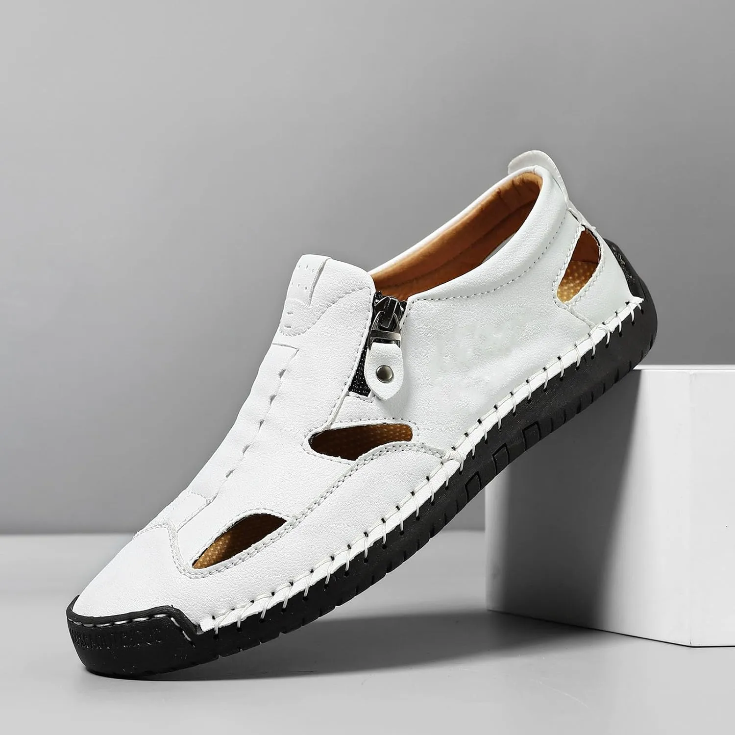 Mens Closed Toe Leather Sandals For Men Breathable Summer Shoes Outdoor Casual beach sandals for men Side Zipper Hand-Sewn Shoes