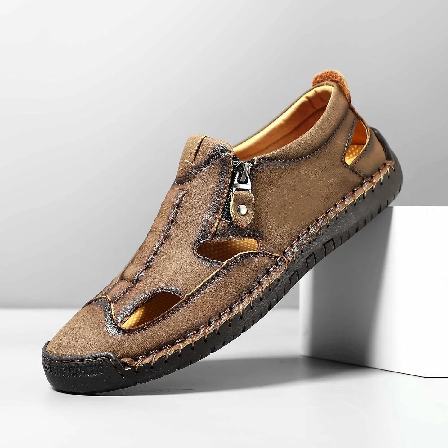 Mens Closed Toe Leather Sandals For Men Breathable Summer Shoes Outdoor Casual beach sandals for men Side Zipper Hand-Sewn Shoes