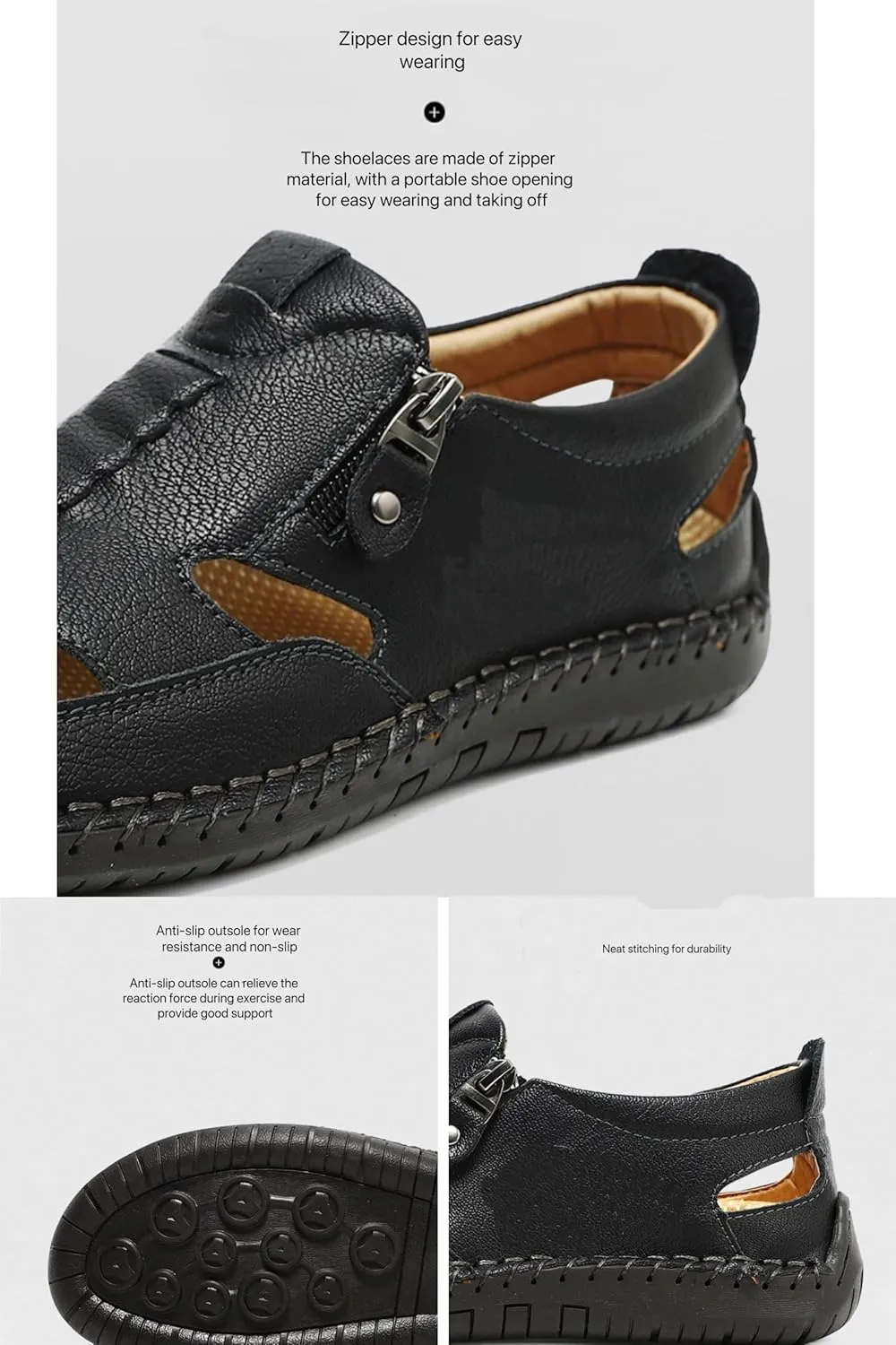 Mens Closed Toe Leather Sandals For Men Breathable Summer Shoes Outdoor Casual beach sandals for men Side Zipper Hand-Sewn Shoes