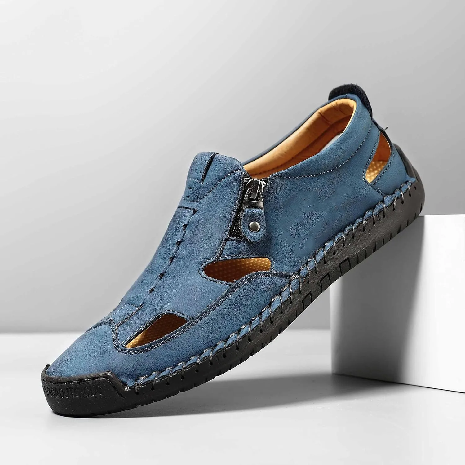 Mens Closed Toe Leather Sandals For Men Breathable Summer Shoes Outdoor Casual beach sandals for men Side Zipper Hand-Sewn Shoes